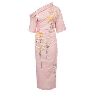 Bowery Embroidered Off-The-Shoulder Ruched Midi Dress
