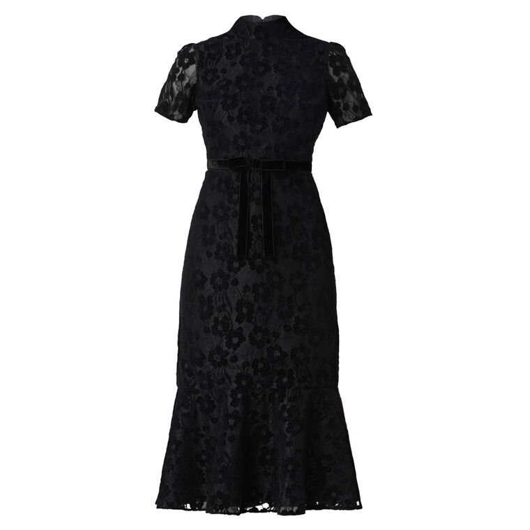 Pierre Short Sleeve Mock Neck Lace Midi Dress image number null