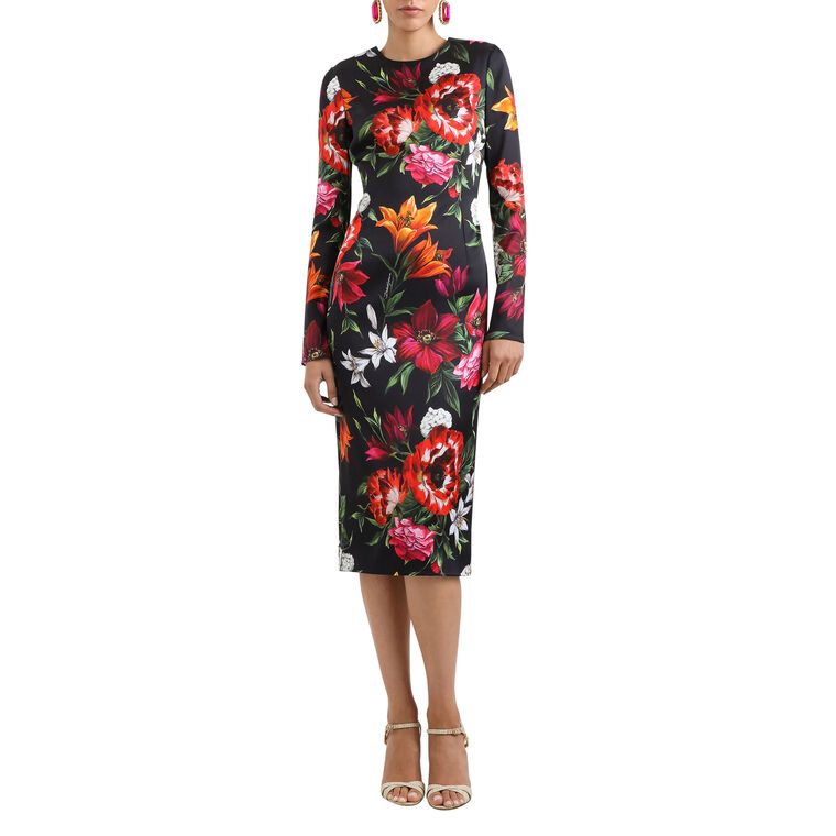 Long Sleeve Floral Print Fitted Satin Midi Dress image number null