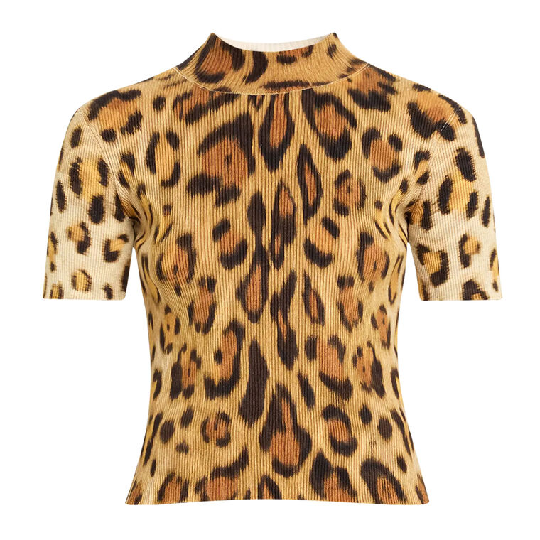 Short Sleeve Jaguar Print Ribbed Knit Pullover Sweater image number null