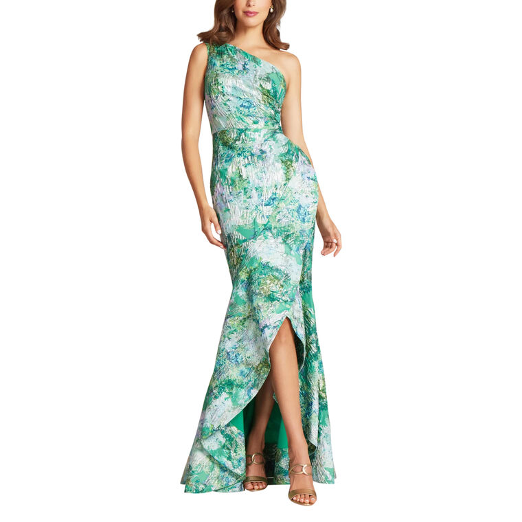One Shoulder Jacquard Front Slit Gown image number null