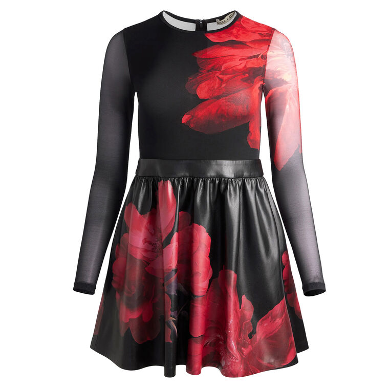Chara Vegan Leather Crew Neck Long Sleeve Gathered Dress