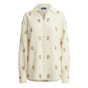 Beaded Woven Long Sleeve Collared Blouse