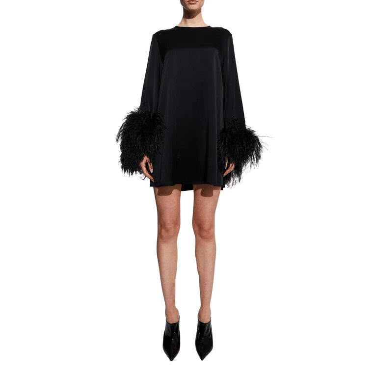 Long Sleeve Satin Shift Dress With Feather Cuffs image number null