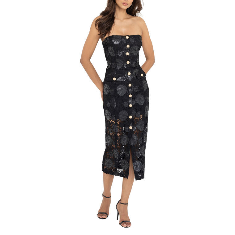 Misha Strapless Vegan Leather Guipure Lace Midi Dress image number null