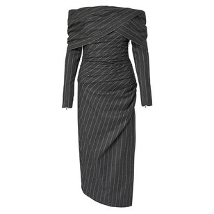 Long Sleeve Off-Shoulder Gathered Pinstripe Midi Dress