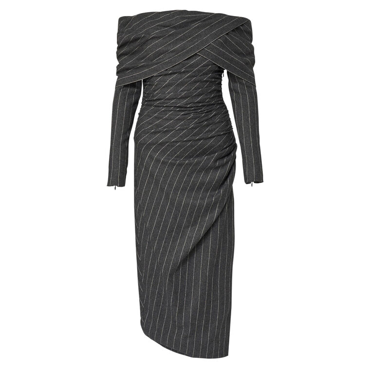 Long Sleeve Off-Shoulder Gathered Pinstripe Midi Dress image number null