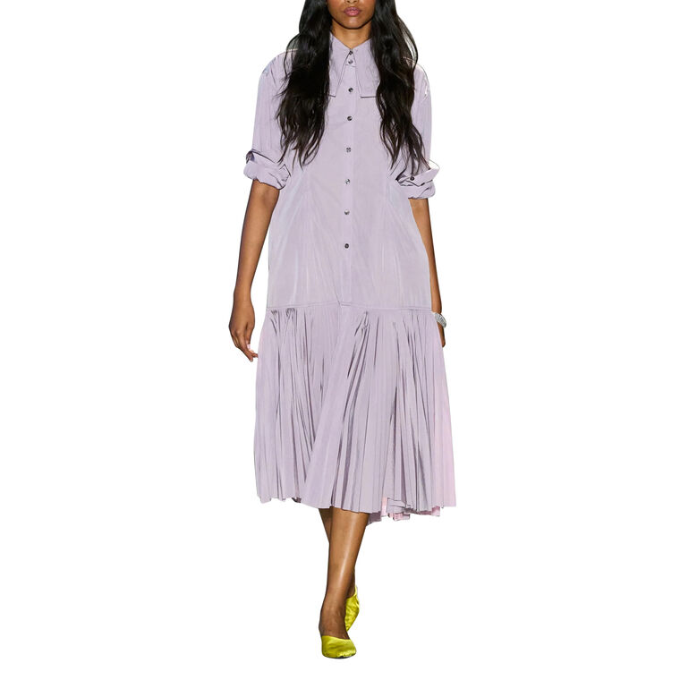 Long Sleeve Pleated Nylon Midi Shirt Dress image number null