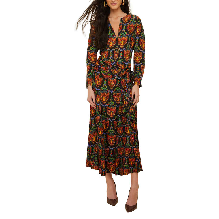 Boho Panther Long Sleeve Viscose Midi Dress image number null