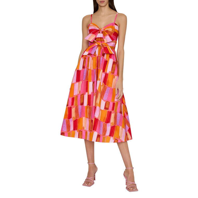 Natasha Sunset Tile Poplin Bow Sleeveless Midi Dress image number null
