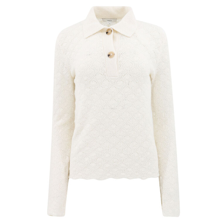 Italian Wool-Blend Lace-Stitch Polo Sweater image number null