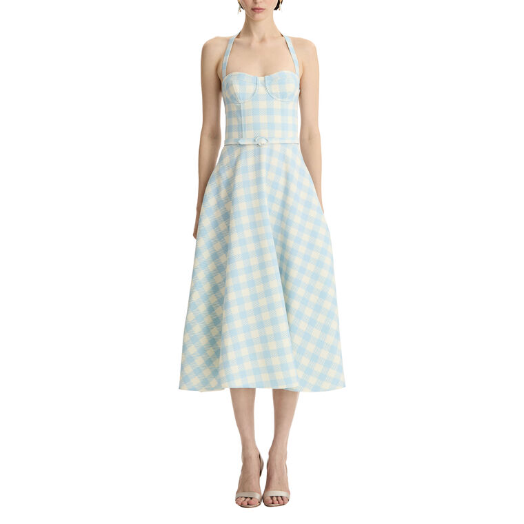 Gingham Bustier Wool-Blend Midi Dress image number null