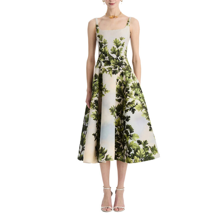 Sleeveless Scoop Neck Maple Leaves Faille Midi Dress image number null