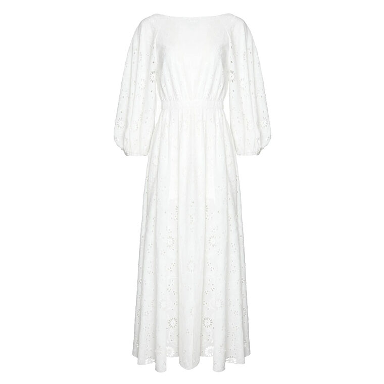 Shirred Puff Sleeve Eyelet Midi Dress image number null