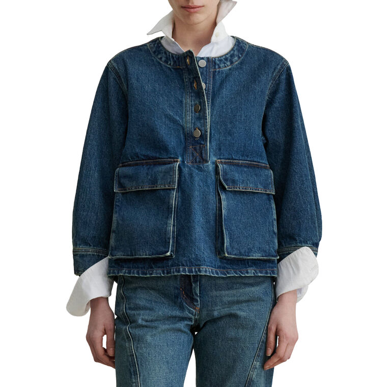 Cai 3/4 Sleeve Half Button-Up Denim Top image number null