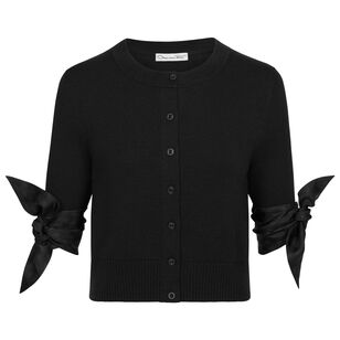 Short Sleeve Argyle Tie-Detailed Knit Cardigan