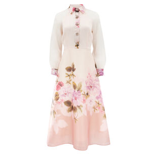 Organza Jewel Button Long Sleeve Printed Flower Midi Dress