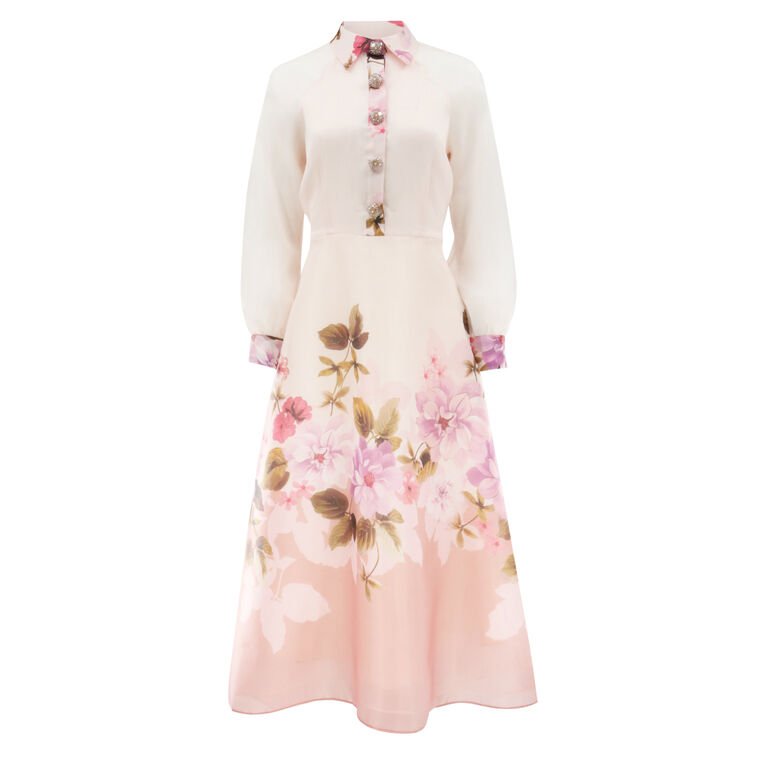 Organza Jewel Button Long Sleeve Printed Flower Midi Dress image number null