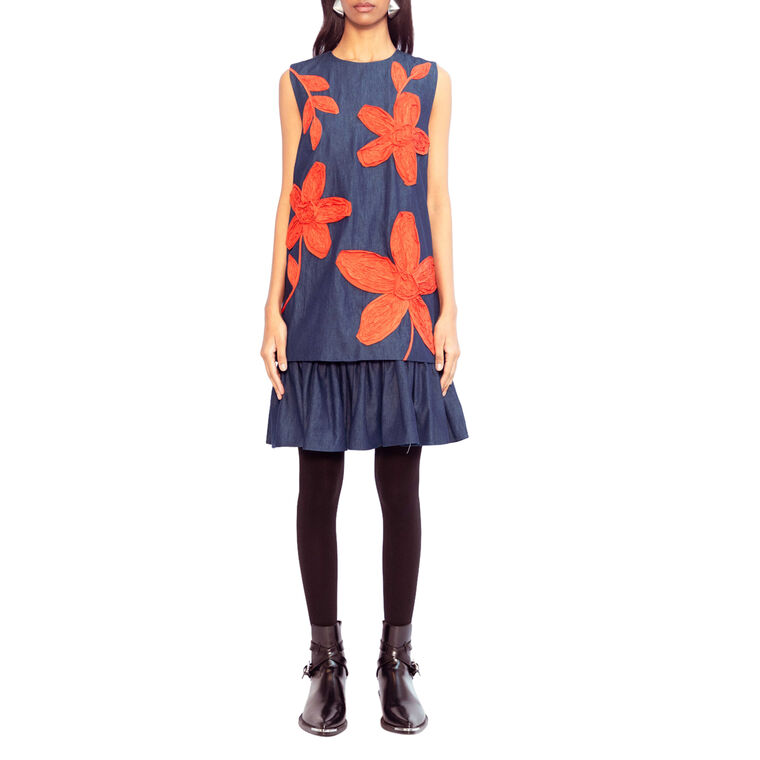 Savana Sleeveless Drop-Waist Mini Dress With Floral Appliques image number null