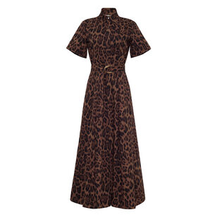 Leighton Short Sleeve Belted Midi Dress In Leopard Printed Poplin