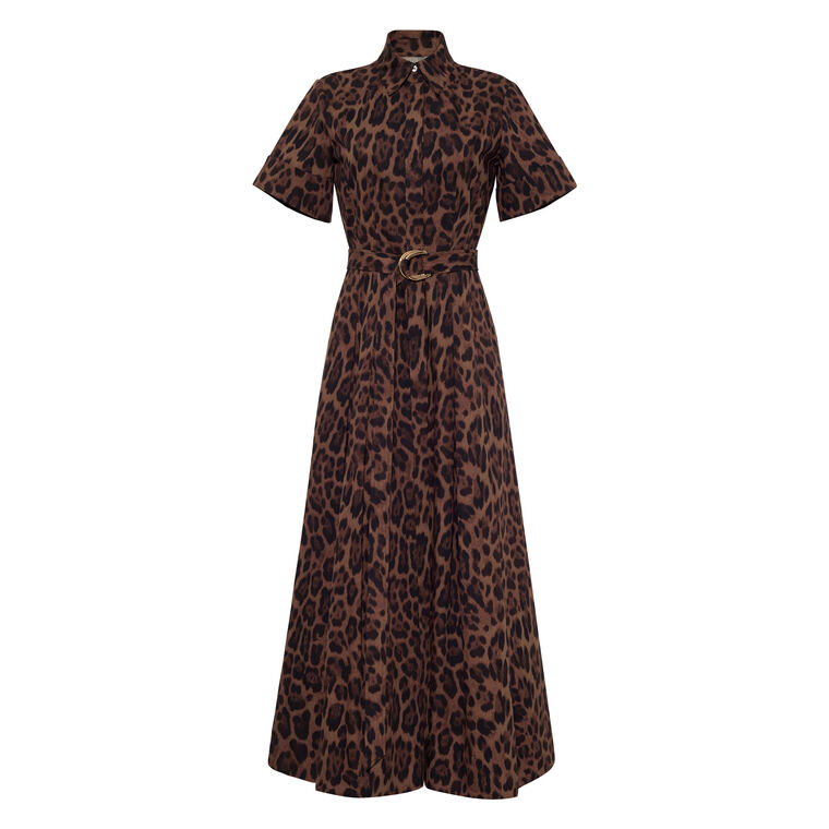 Leighton Short Sleeve Belted Midi Dress In Leopard Printed Poplin image number null