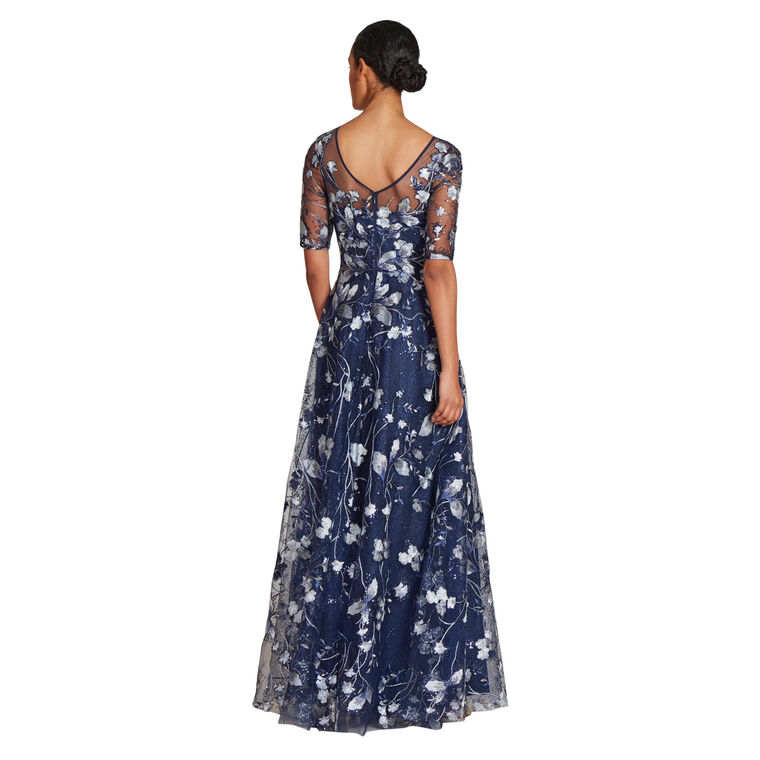 Embroidered Lace Illusion Gown With Elbow Sleeves image number null