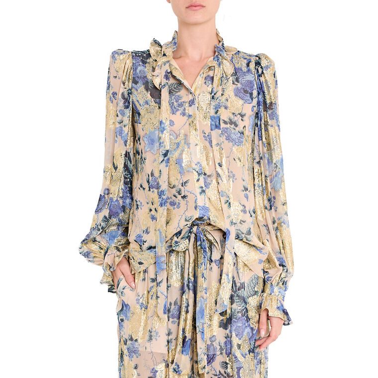 Josie Metallic Floral Ruffle Button-Up Shirt image number null