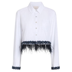 Sylvan Long Sleeve Feather And Bead Trim Cropped Button-Up Top