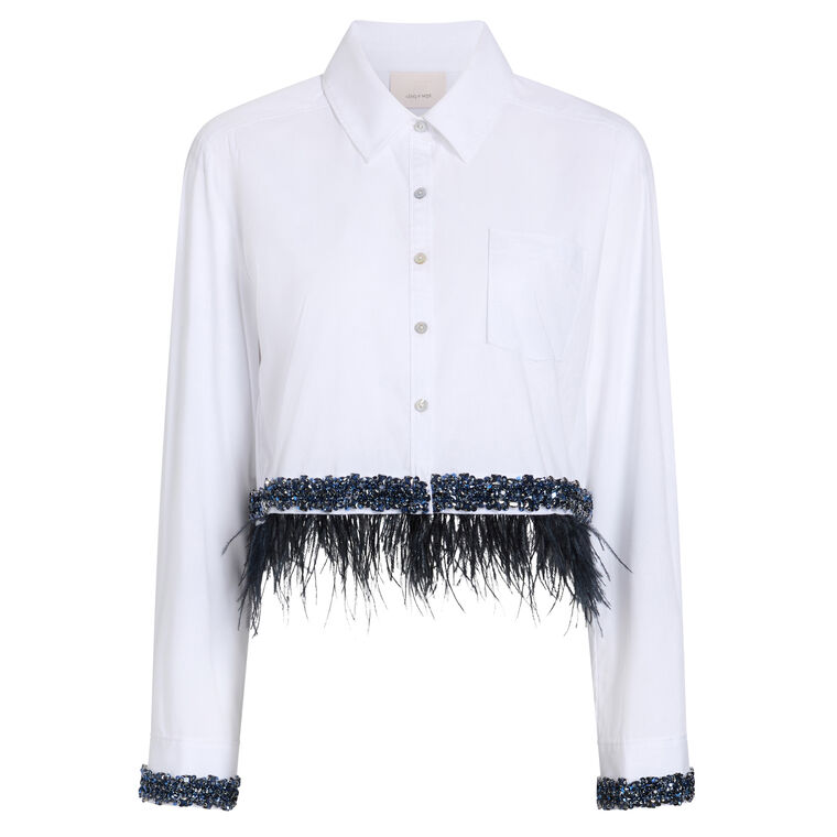 Sylvan Long Sleeve Feather And Bead Trim Cropped Button-Up Top image number null