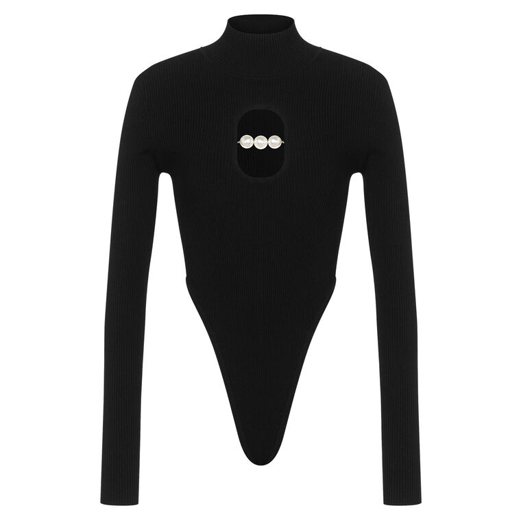 Long Sleeve Pearls Cutout Bodysuit image number null