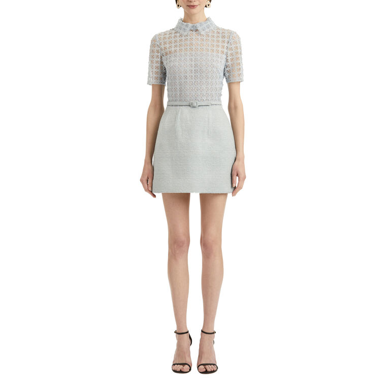 Short Sleeve Geometric Floral Guipure Tweed Belted Mini Dress image number null
