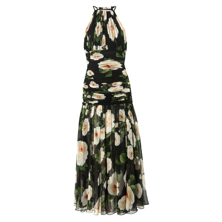 Rose-Print Chiffon Ruched Halterneck Dress image number null