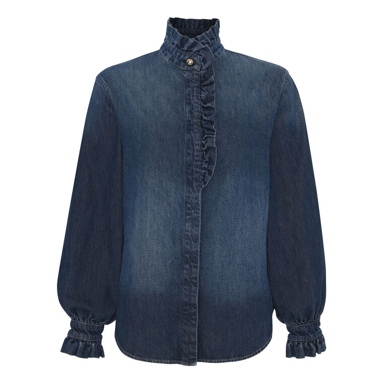 Ruffle Denim Shirt image number null
