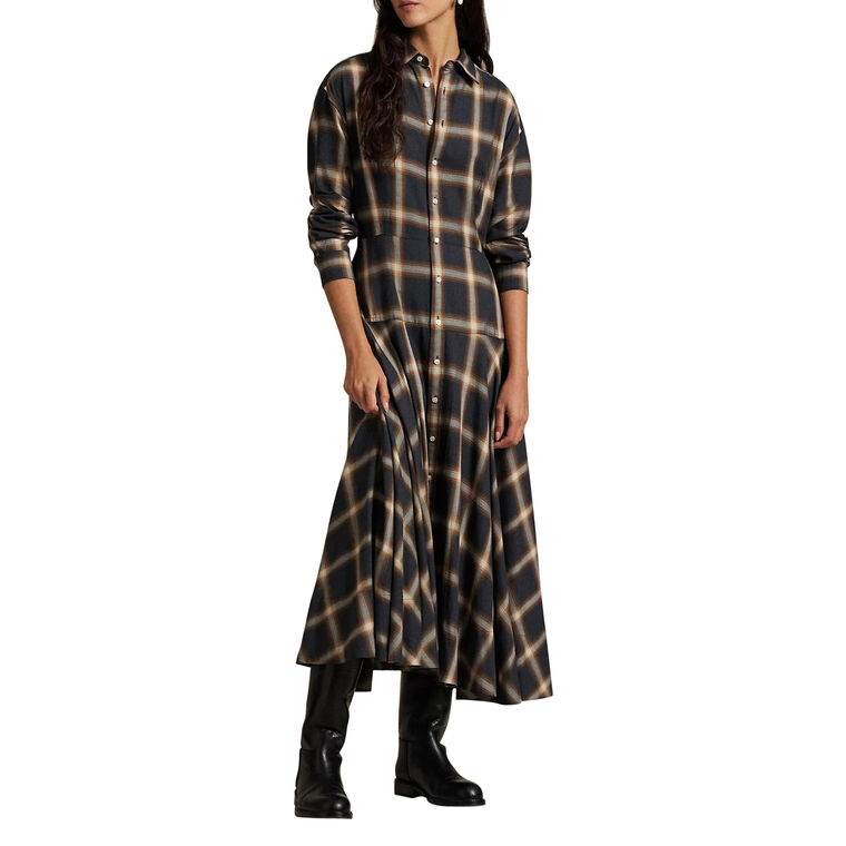 Plaid Twill Paneled Midi Shirtdress image number null