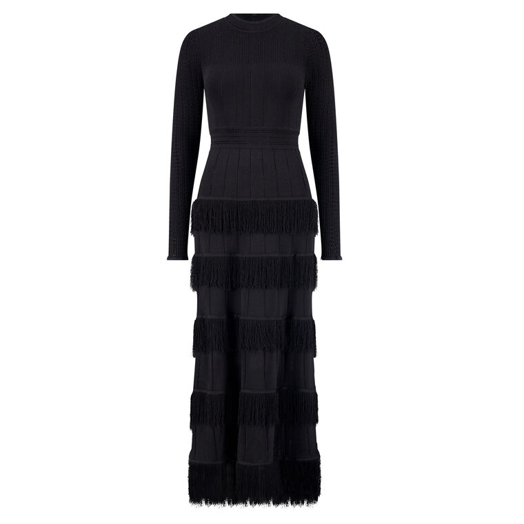 Piper Long Sleeve Fringe Detail Knit Midi Dress image number null