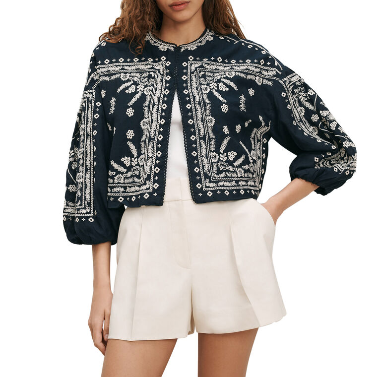 Drake 3/4 Sleeve Cropped Embroidered Bubble Jacket image number null