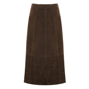 Mid Rise Flared Suede Midi Skirt