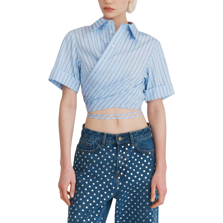 Wrap Cropped Collared Short Sleeve Shirt image number null