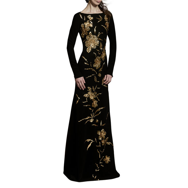 Embroidered Boat Neck Long Sleeve Fit-And-Flare Gown image number null