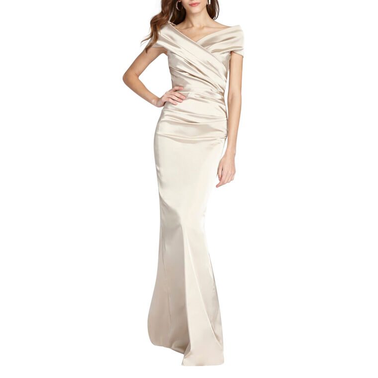 Off-The-Shoulder Stretch Satin Ruched Gown image number null
