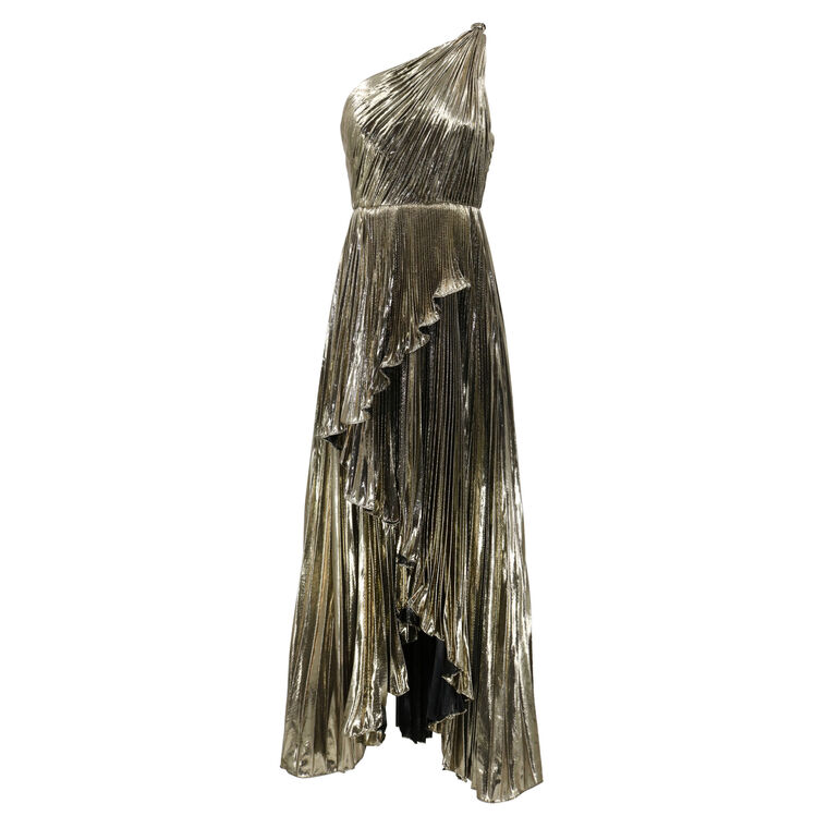 Pleated Metallic One Shoulder High Low Gown image number null