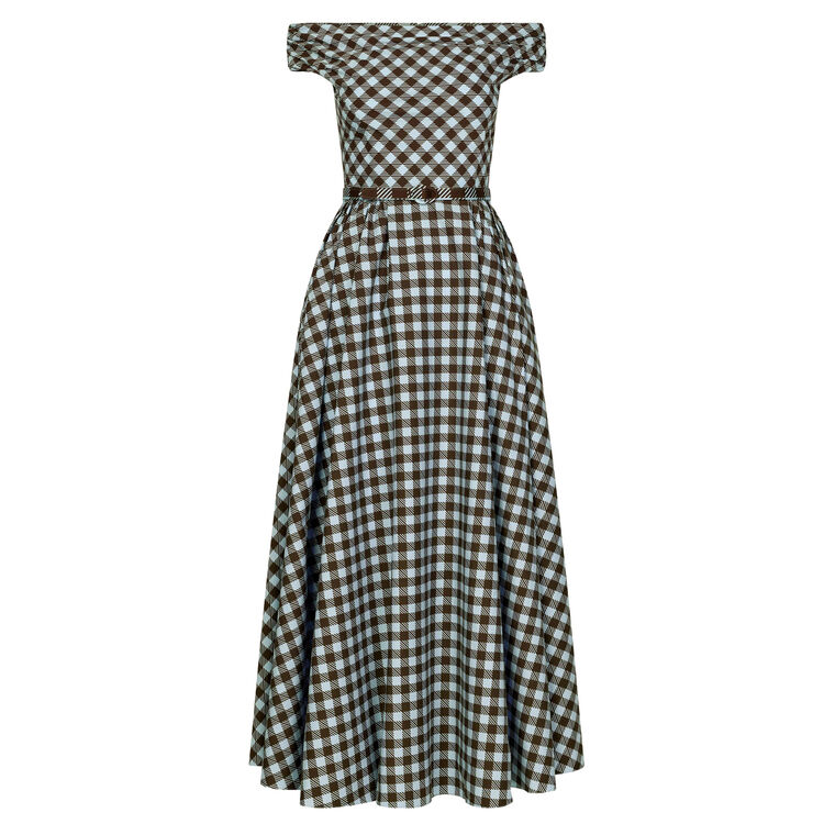 Off-The-Shoulder Belted Gingham Cotton Poplin Midi Dress image number null