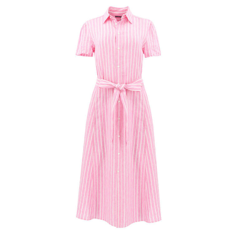 Striped Linen Self-Tie Shirtdress image number null