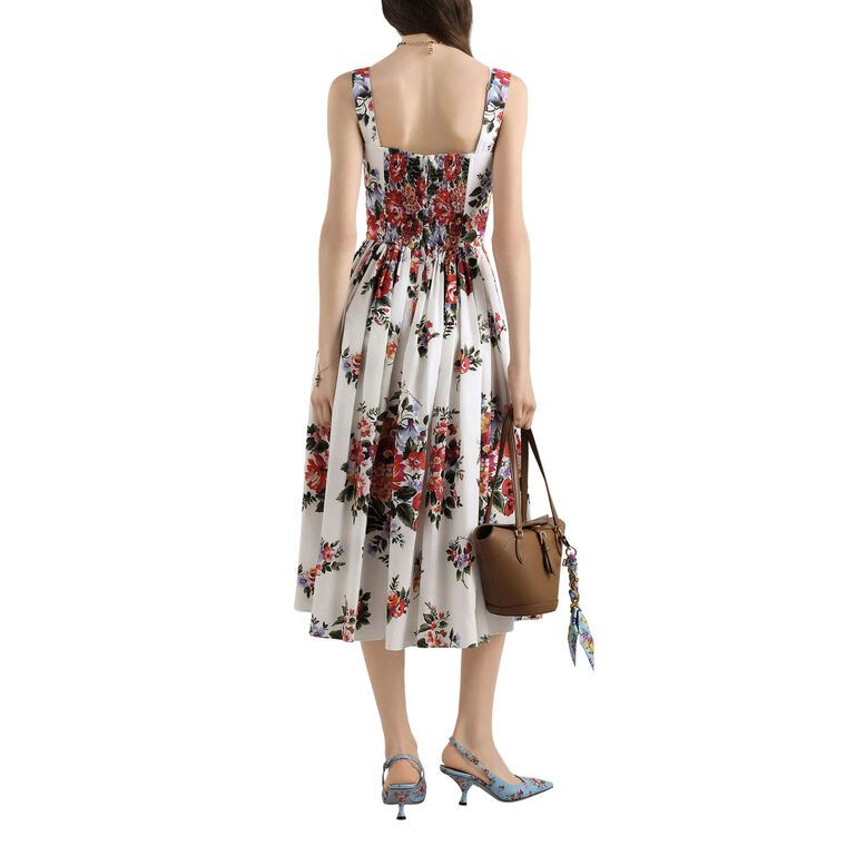 Sleeveless Flower Bouquet-Print Cotton Midi Dress image number null