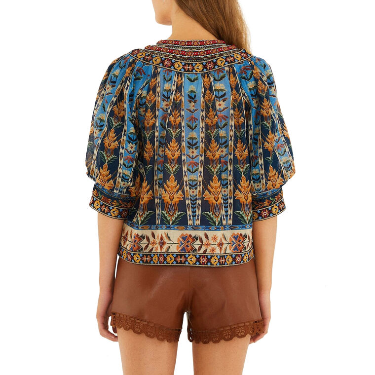 Embroidered Tapestry Puff Sleeve Tassel Blouse image number null