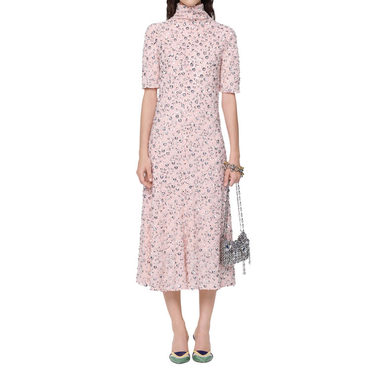 Short Sleeve Midi Dress With Silver Floral Sequin Embroidery image number null