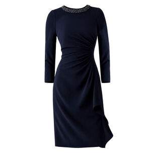 Crepe Side Drape Necklace Trim Ruched Sleeve Dress