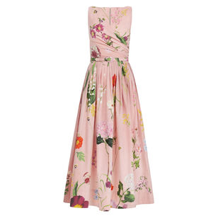 Sleeveless Belted Mixed Botanical Cotton Poplin Draped Midi Dress