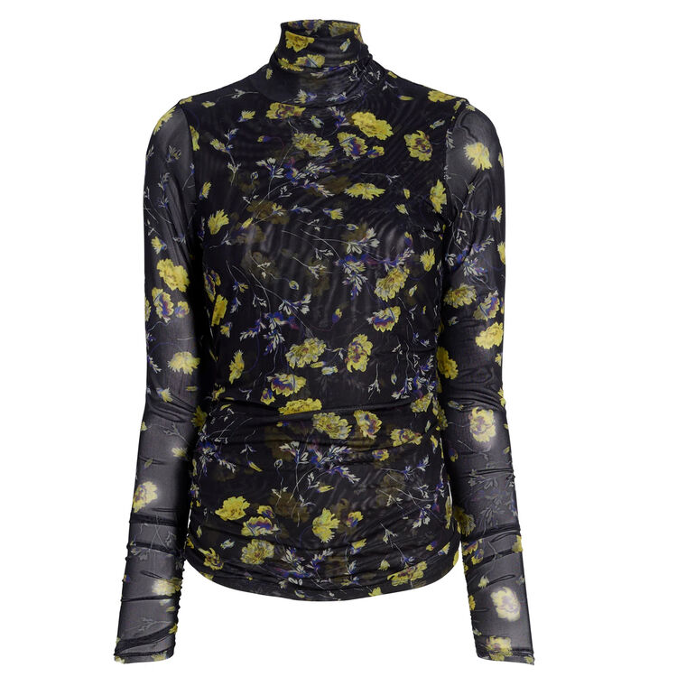 Falling Poppies Shirred Mesh Turtleneck Top image number null