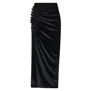 Ruched Velvet Draped Midi Skirt